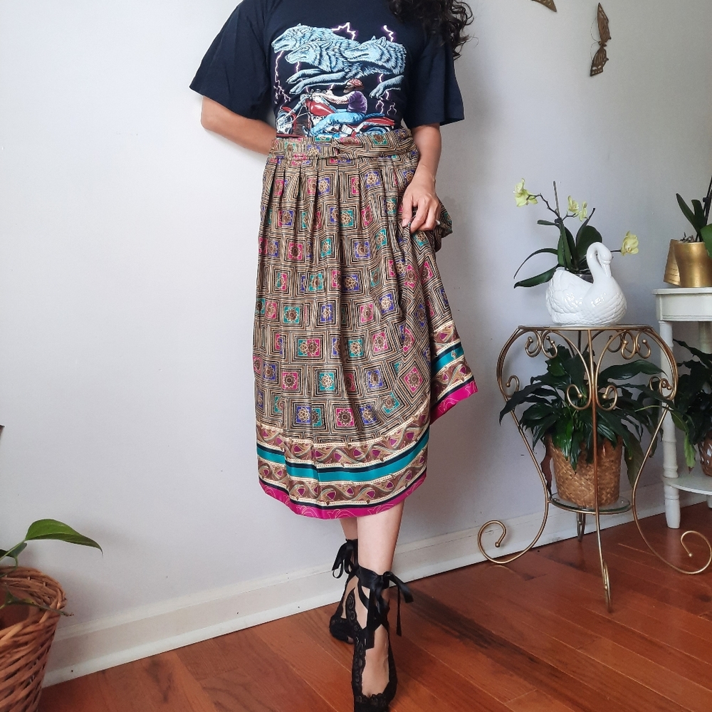 Vintage pleated colorful floral midi skirt